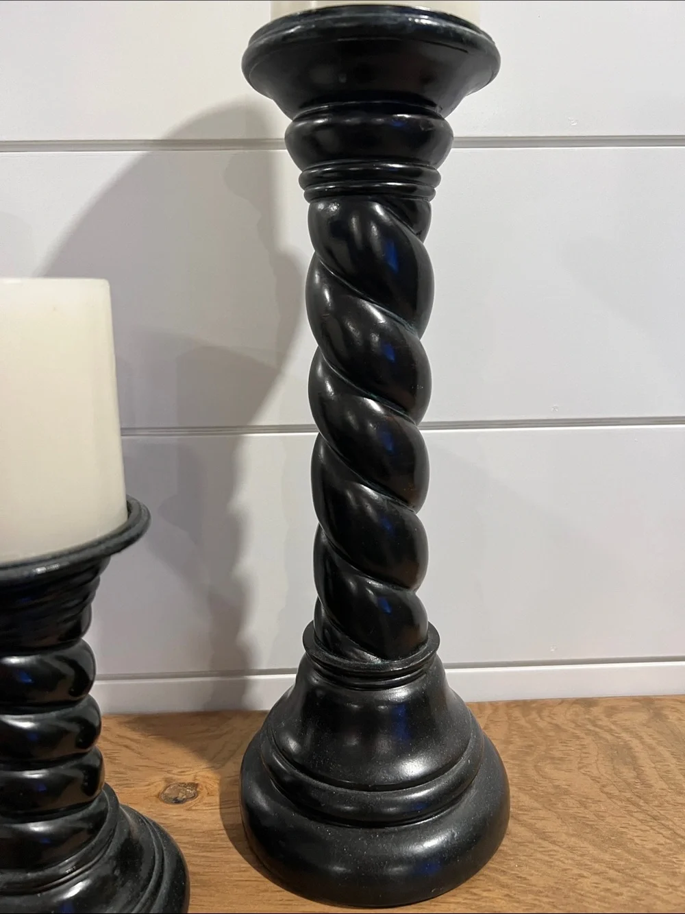 Vintage Classic Black Twisted Wood Candlestick Set with White Pillar Candles - Picture 2 of 15